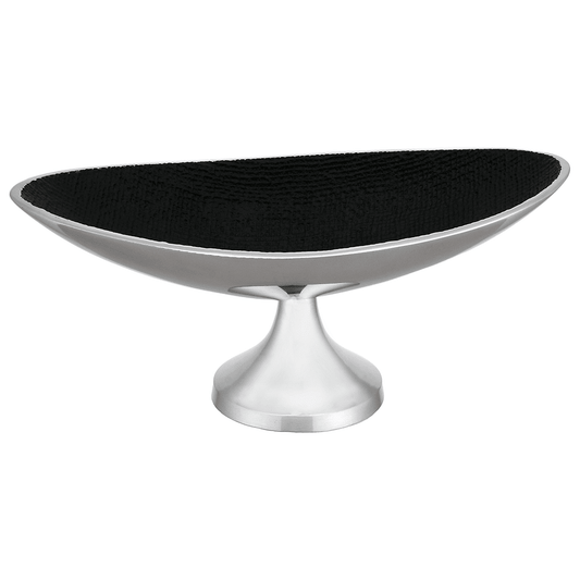 Oval Shaped Platter With Base For Snacks & Fruits - Black - Silver Plated Metal