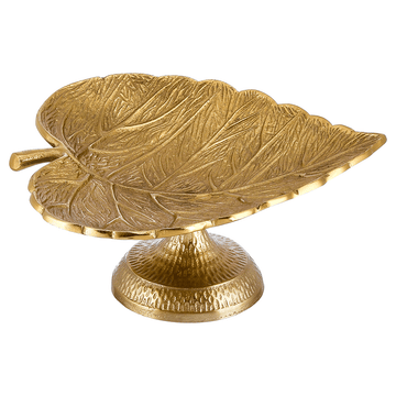 Leaf Shaped Plate with Base For Snacks & Nuts - Gold - Gold Plated Metal