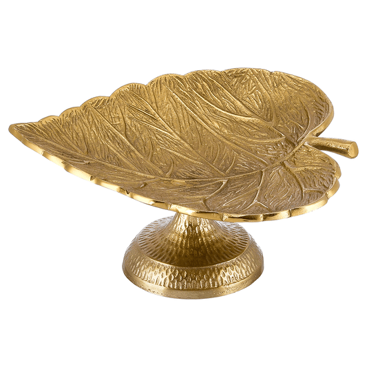 Leaf Shaped Plate with Base For Snacks & Nuts - Gold - Gold Plated Metal
