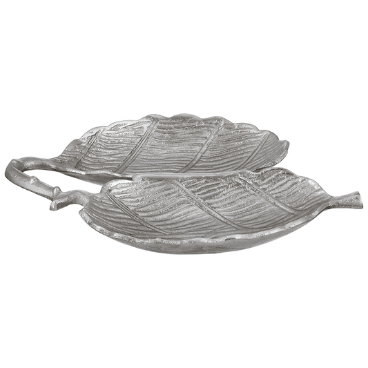 Leaf Shaped Hors D'oeuvre For Snacks & Nuts 2 Parts - Silver - Silver Plated Metal
