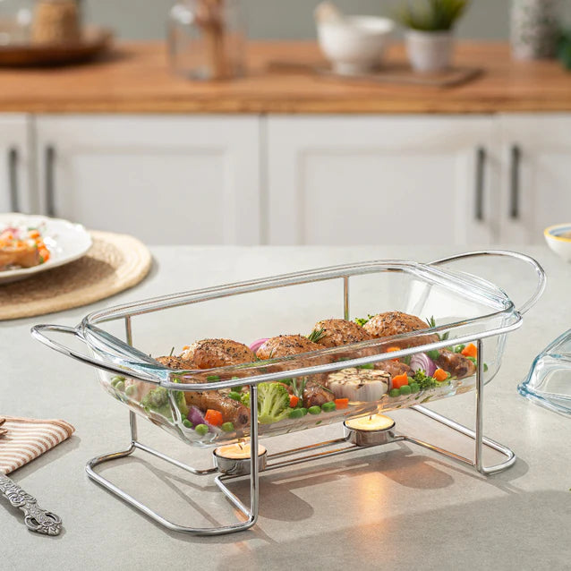 Borcam Rectangular Food Warmer with Handles - 2.75 Lit - Silver Plated Metal & Tempered Glass