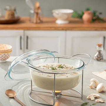 Borcam Round Soup Warmer with Cover & Handles - 3.15 Lit - Silver Plated Metal & Tempered Glass