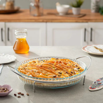 Borcam Round Food Warmer with Handles - 2.95 Lit - Silver Plated Metal & Temepered Glass