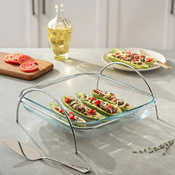 Borcam Square Food Warmer with Handles - 3.2 Lit - Silver Plated Metal & Tempered Glass