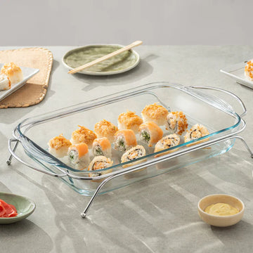 Borcam - Rectangular Food Warmer with Handles - 3.85 Lit - Silver Plated Metal & Tempered Glass