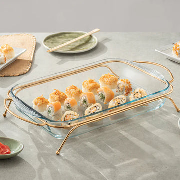 Borcam - Rectangular Food Warmer with Handles - 3.85 Lit - Gold Plated Metal & Tempered Glass
