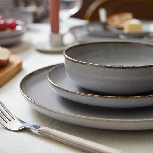 Kutahya - Daily-use Dinner Set 24 Pieces - Porcelain - Grey with Brown rim