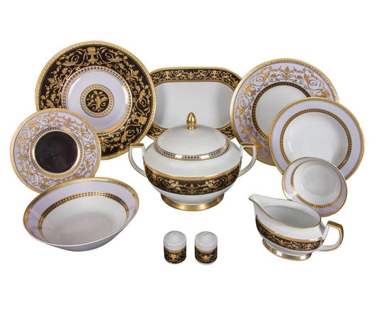 Falkenporzellan - Dinner Set  112 Pieces - Porcelain - Purple & Gold & Black