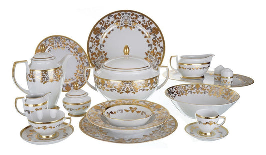 Falkenporzellan - Dinner Set 112 Pieces - Porcelain - Silver & Gold - 13000368