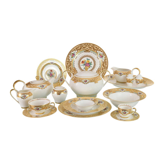 Falkenporzellan - Dinner Set  112 Pieces - Bone China - Creamy & Gold with Flowers