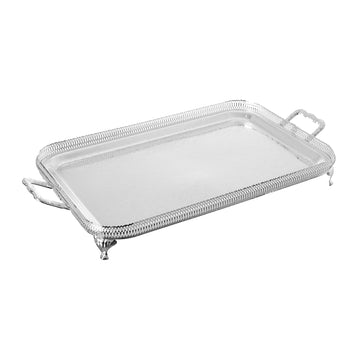A rectangular silver plated metal tray with handles and legs.