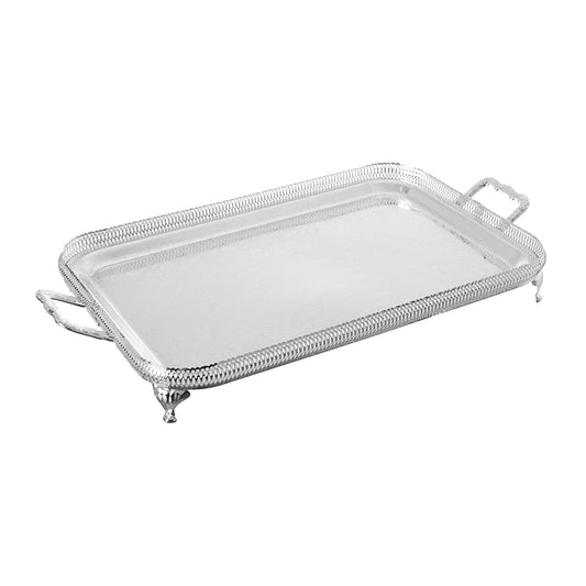 A rectangular silver plated metal tray with handles and legs.