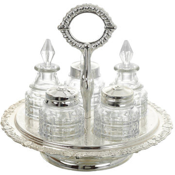Queen Anne - Revolving Cruet Set 5 Pieces with Stand - Silver Plated Metal, Glass & Plastic