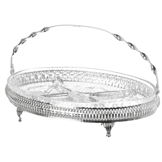 Queen Anne - Oval Hors d'oeuvre 4 Parts with 1 Serving Fork - Silver Plated Metal & Glass - 29x20cm