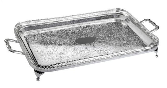 A rectangular silver plated metal tray with handles and legs.