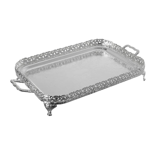 A rectangular silver plated metal tray with handles and legs, featuring intricate edge design.