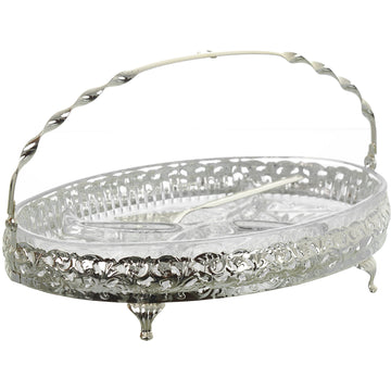 Queen Anne - Oval Hors d'oeuvre 4 Parts with Swing Handle & Fork - Silver Plated Metal & Glass - 29x20cm