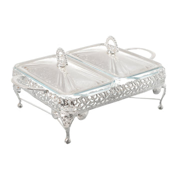 Queen Anne - 2 Rectangular Food Warmers With 2 Candles - Silver Plated & Tempered Glass - 41x28x19cm