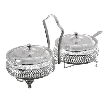 Queen Anne - Jam Bowl Set with Spoons & Cover & Silver Plated Stand 2 Pieces - Silver Plated Metal - 26x12cm