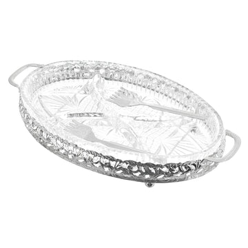 Queen Anne - Oval Hors d'oeuvre 4 Parts with 2 Serving Forks - Silver Plated Metal & Glass - 31x20cm
