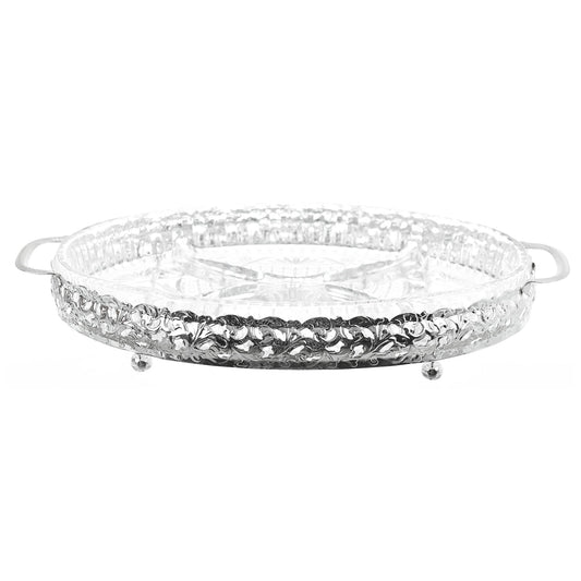Queen Anne - Oval Hors d'oeuvre 4 Parts with 2 Serving Forks - Silver Plated Metal & Glass - 31x20cm