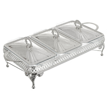 Queen Anne - 3 Rectangular Food Warmers with 3 Candles - Silver Plated Metal & Tempered Glass - 51x26x18cm
