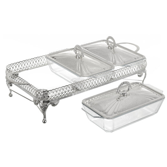 Queen Anne - 3 Rectangular Food Warmers with 3 Candles - Silver Plated Metal & Tempered Glass - 51x26x18cm