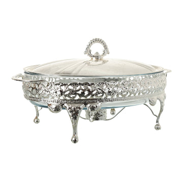 Queen Anne - Oval Food Warmer with 1 Candle - Silver Plated Metal & Tempered Glass
