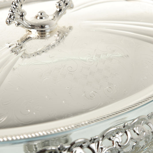 Queen Anne - Oval Food Warmer with 1 Candle - Silver Plated Metal & Tempered Glass
