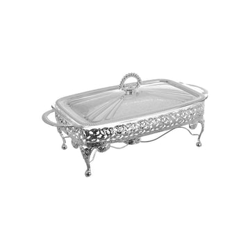 Queen Anne - Rectangular Food Warmer With Handles & Candle - 38x20x18.5cm - Silver Plated Metal