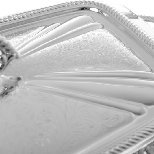 Queen Anne - Rectangular Food Warmer With Handles & Candle - 38x20x18.5cm - Silver Plated Metal