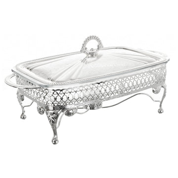 Queen Anne - Rectangular Food Warmer with Handles & Candle - Silver Plated Metal & Tempered Glass - 46x24.5x16cm