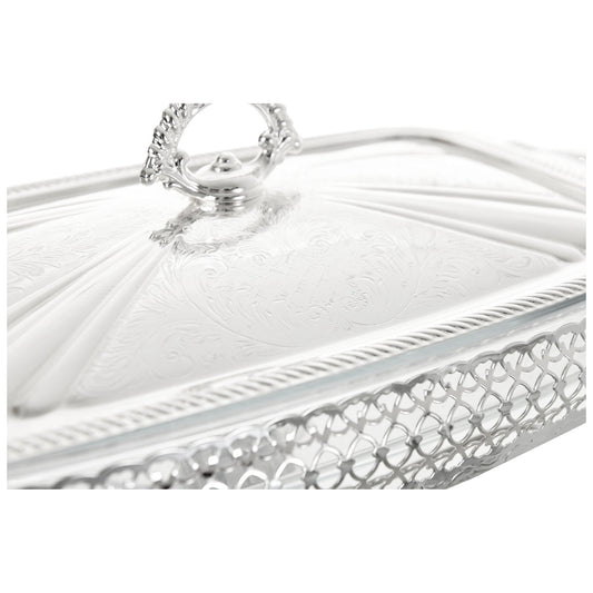 Queen Anne - Rectangular Food Warmer with Handles & Candle - Silver Plated Metal & Tempered Glass - 46x24.5x16cm