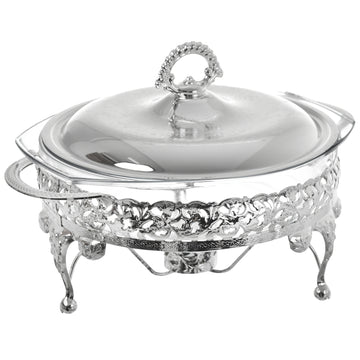 Queen Anne - Round Food Warmer With Handles & Candle - 29.5x23.5x19.5cm - Silver Plated Metal