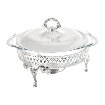 Queen Anne - Round Food Warmer with 1 Candle - Silver Plated Metal & Tempered Glass - 29.5 x23.5x19.5cm