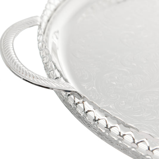 Queen Anne - Round Tray with Legs With Handles - Silver Plated Metal - 35cm