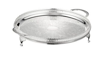 Queen Anne - Round Tray with Handles & Legs - Silver Plated Metal - 35cm