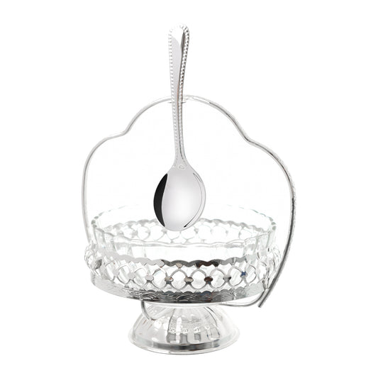 Queen Anne - Bowl Set with Dessert Spoons & Handles - 6 Pieces - Silver Plated Metal with Glass