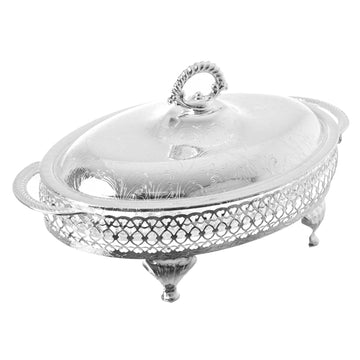 Queen Anne - Oval Hors d'oeuvre 4 Parts with Silver Plated Cover - Silver Plated Metal & Glass - 32.8x20cm