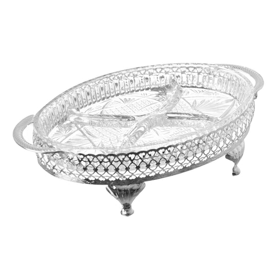 Queen Anne - Oval Hors d'oeuvre 4 Parts with Silver Plated Cover - Silver Plated Metal & Glass - 32.8x20cm