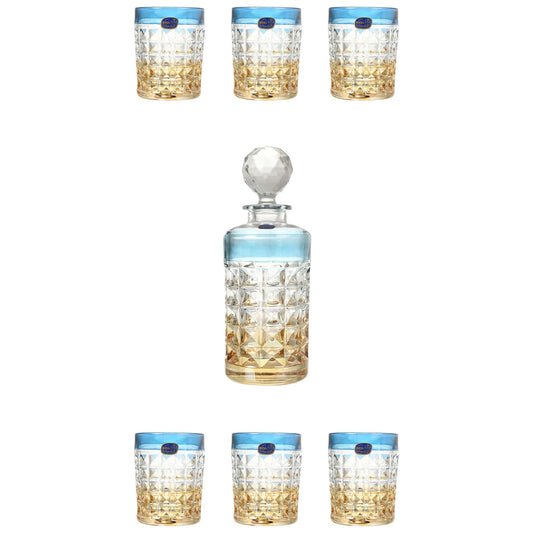 Bohemia Crystal - Diamond Drink Set 7 Pieces - Blue & Yellow - Crystal