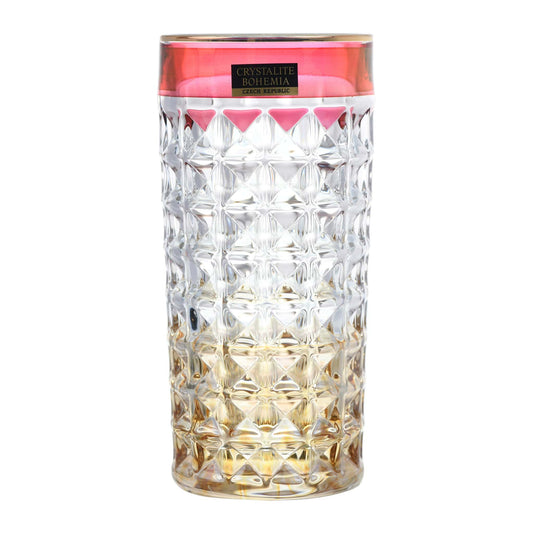 Bohemia Crystal - Diamond Highball Glass Set 6 Pieces 260 ml Red & Gold - Crystal