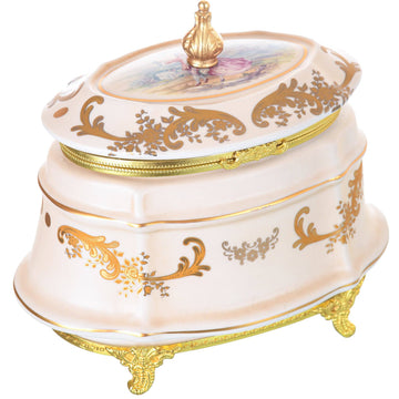 Caroline - Oval Box with Cover - Romeo & Juliet - Beige & Gold - 14x21cm