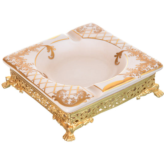 Caroline - Imperial Square Ashtray with Gold Plated Legs - Beige & Gold - 17cm