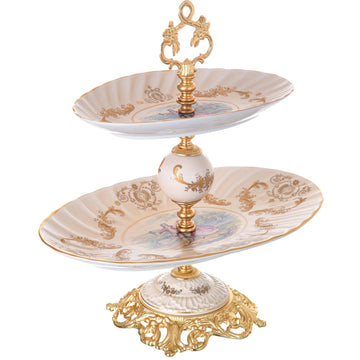 Caroline - Oval Stand 2 Tiers with Gold Plated Base - Romeo & Juliet - Beige & Gold - 43cm