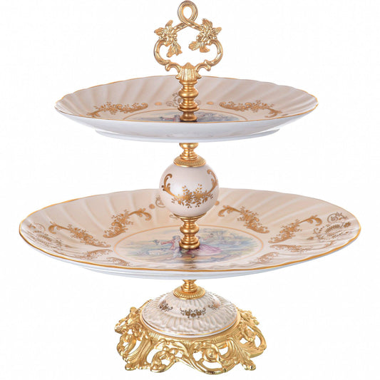 Caroline - Oval Stand 2 Tiers with Gold Plated Base - Romeo & Juliet - Beige & Gold - 43cm