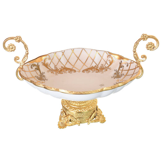 Caroline - Imperial Oval Plate with Gold Plated Base - Beige & Gold & White - 19x29x21cm