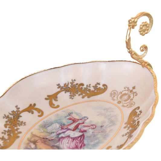 Caroline - Oval Plate with Base - Romeo & Juliet - Beige & Gold & White - 19x29x21cm