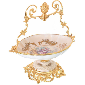 Caroline - Oval Basket with Base & Gold Plated Handle - Romeo & Juliet - Beige & Gold - 30x18x36cm