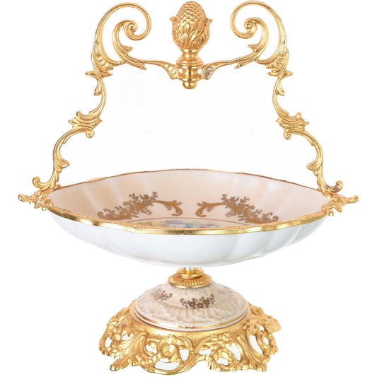 Caroline - Oval Basket with Base & Gold Plated Handle - Romeo & Juliet - Beige & Gold - 30x18x36cm